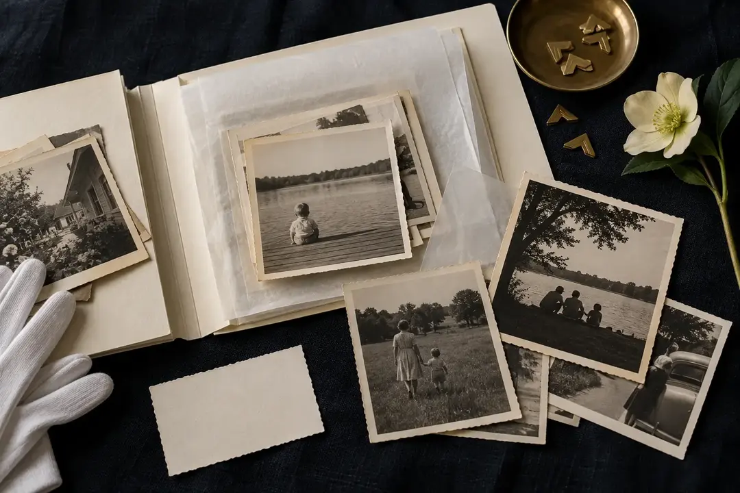 An open family album with loose black-and-white photographs