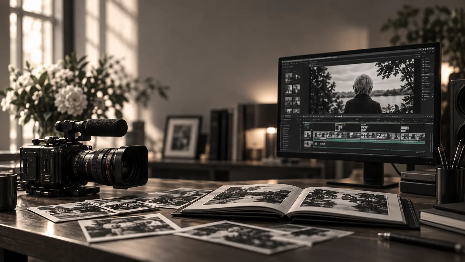 Family photographs prepared for a memorial tribute film