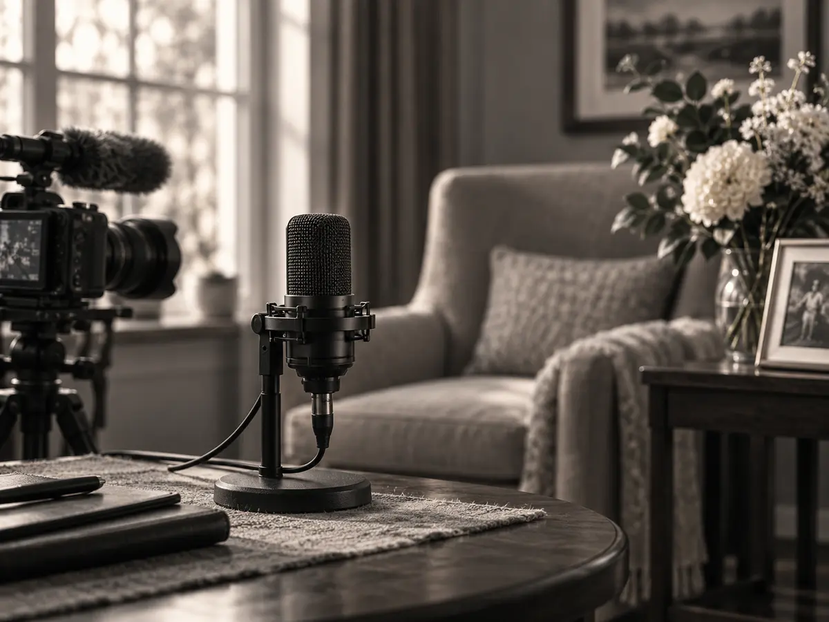 Illustrative photograph of a professional microphone and discreet camera prepared for recorded remembrances