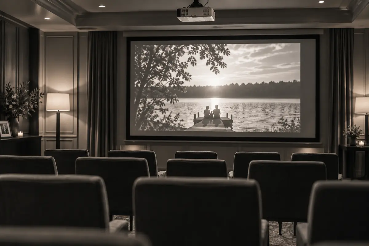 Illustrative memorial venue prepared to play a finished tribute film