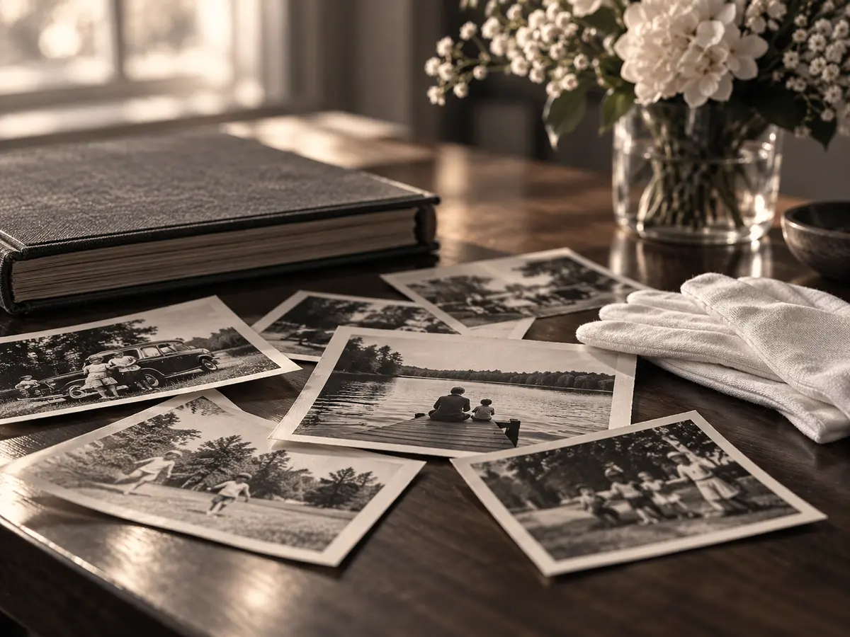 Illustrative photograph of an archival album and family photographs arranged for a tribute slideshow