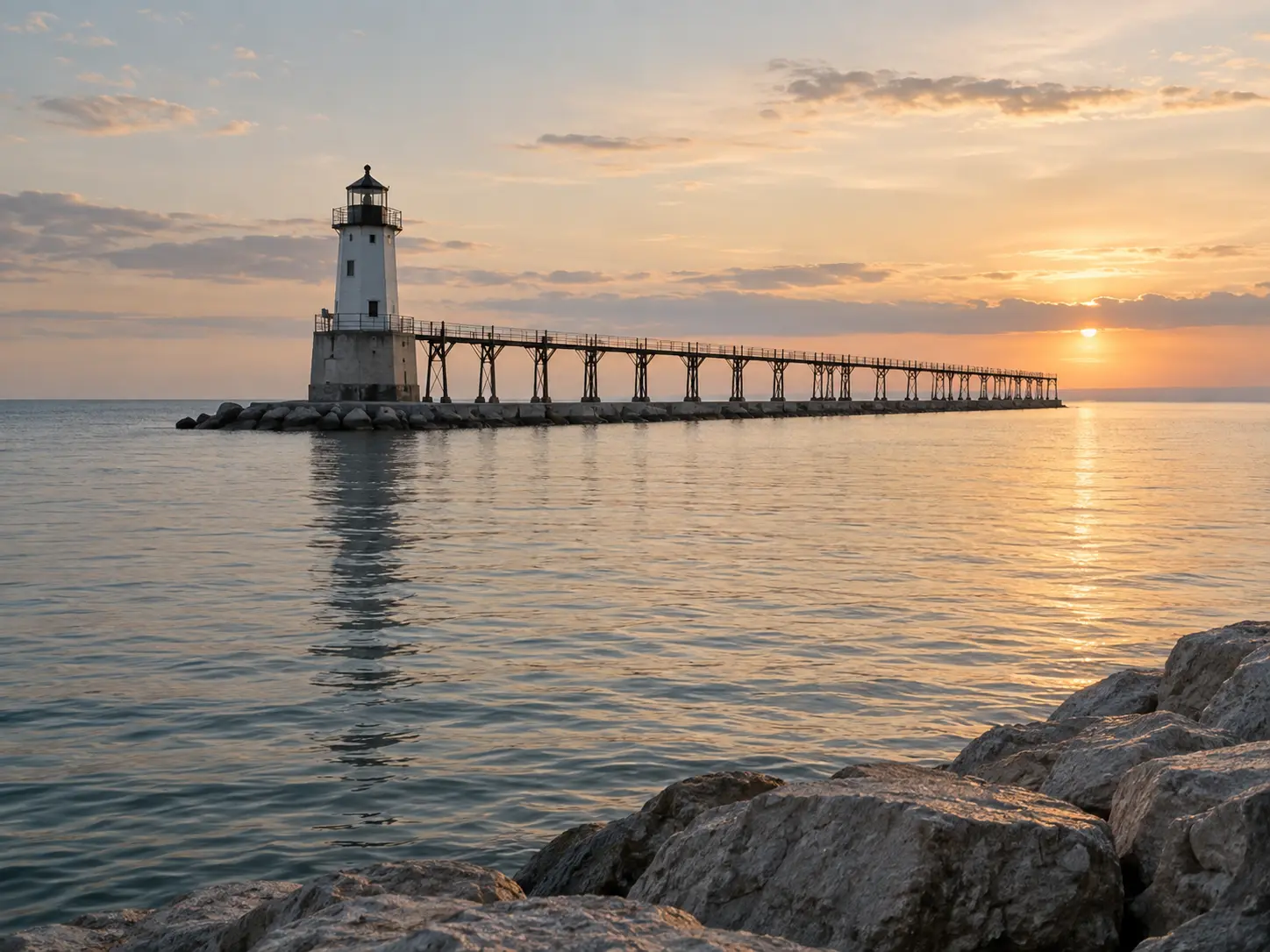 A Lake Michigan lighthouse and pier at sunset