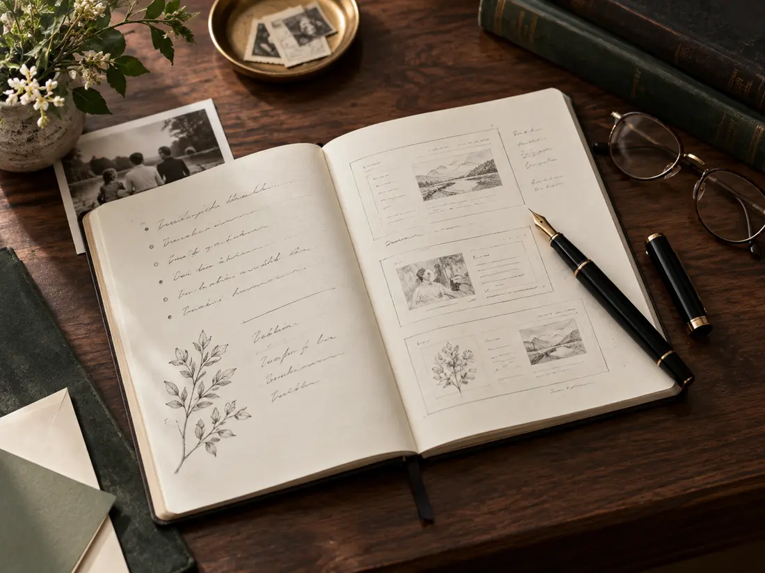 An open planning notebook with page sketches