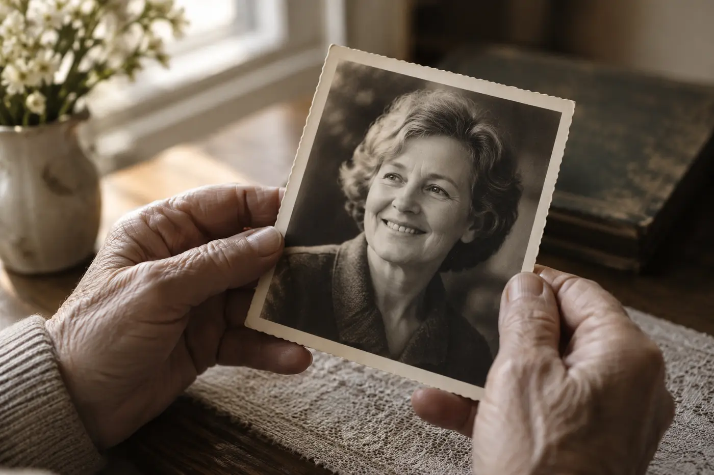 Hands holding a vintage portrait photograph