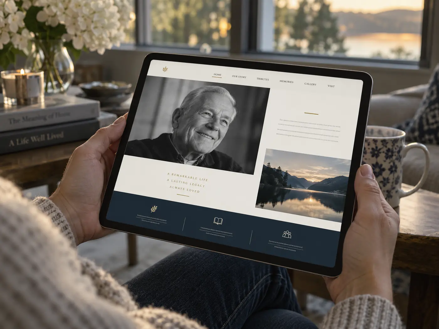 A memorial website displayed on a tablet